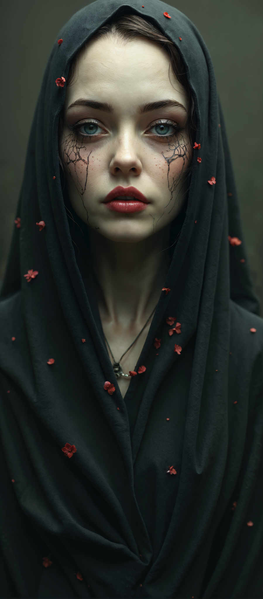 A woman with a black headscarf and red lipstick.