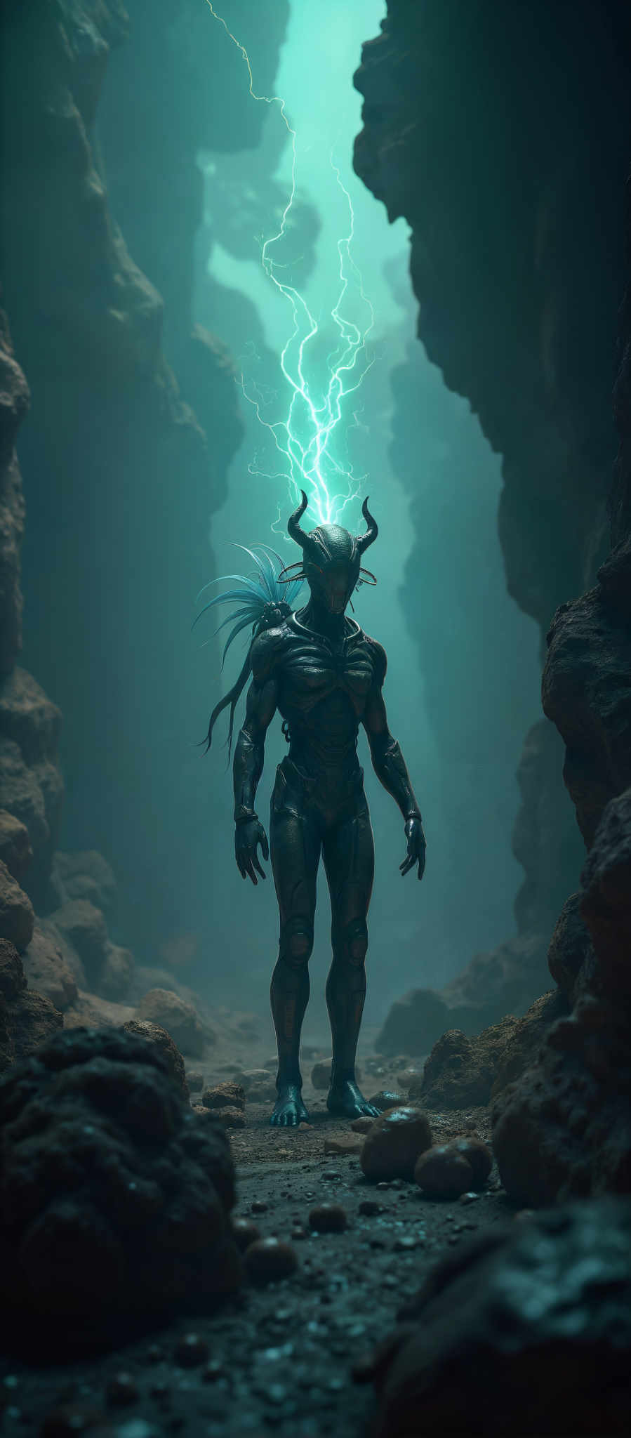 A digital illustration of a muscular humanoid figure with horns and blue hair. The figure is standing in a cave surrounded by rocks and stalactites. The background is dark with a blue-green glow illuminating the figure. The image is rich in detail and color creating a captivating visual experience.