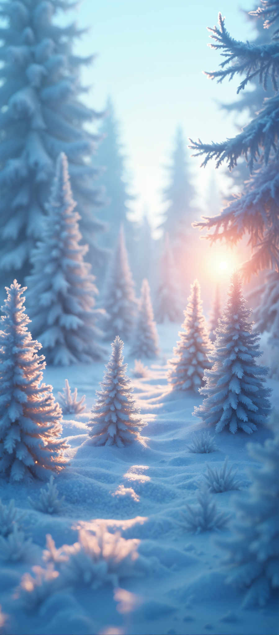 A snowy forest with snow covered pine trees.