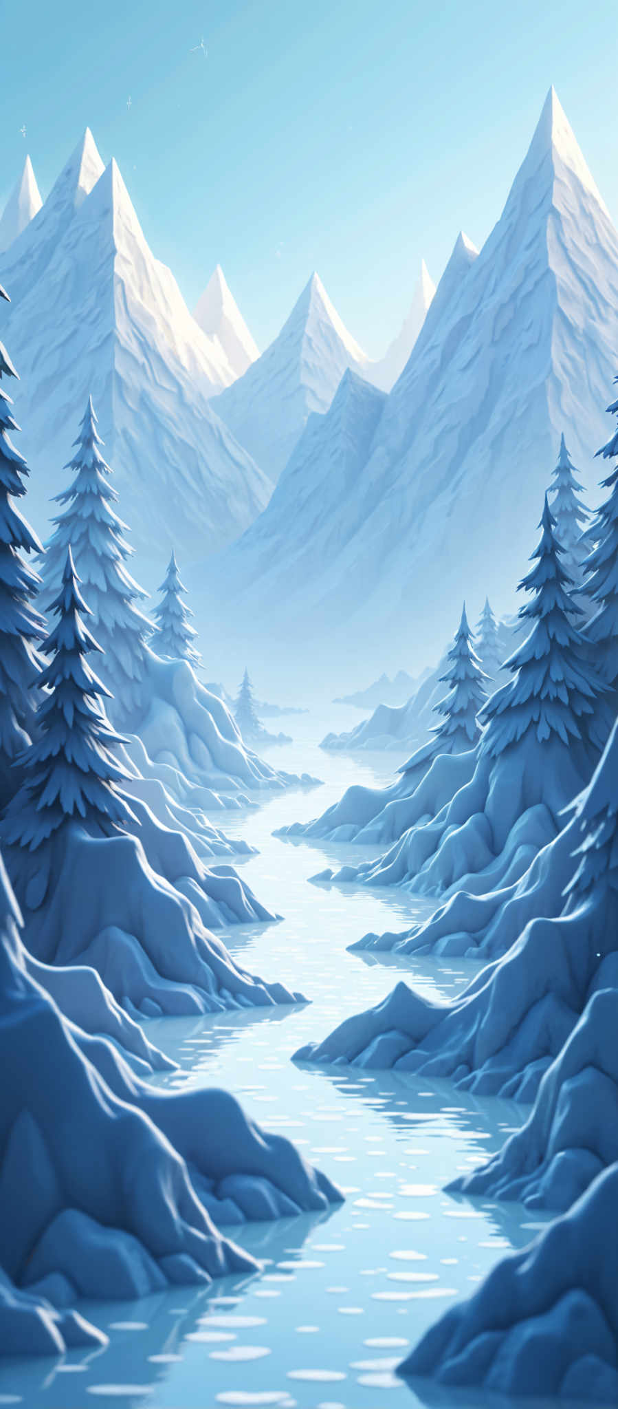 A serene winter scene with snow covered trees and a mountain in the background.