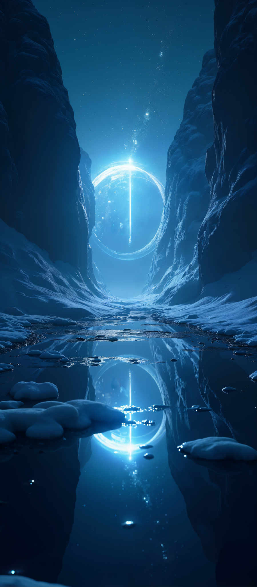 A blue and white image of a cave with a large hole in the center. The cave is filled with water and ice and there are rocks on the bottom. The hole in center of the cave is shining with light.