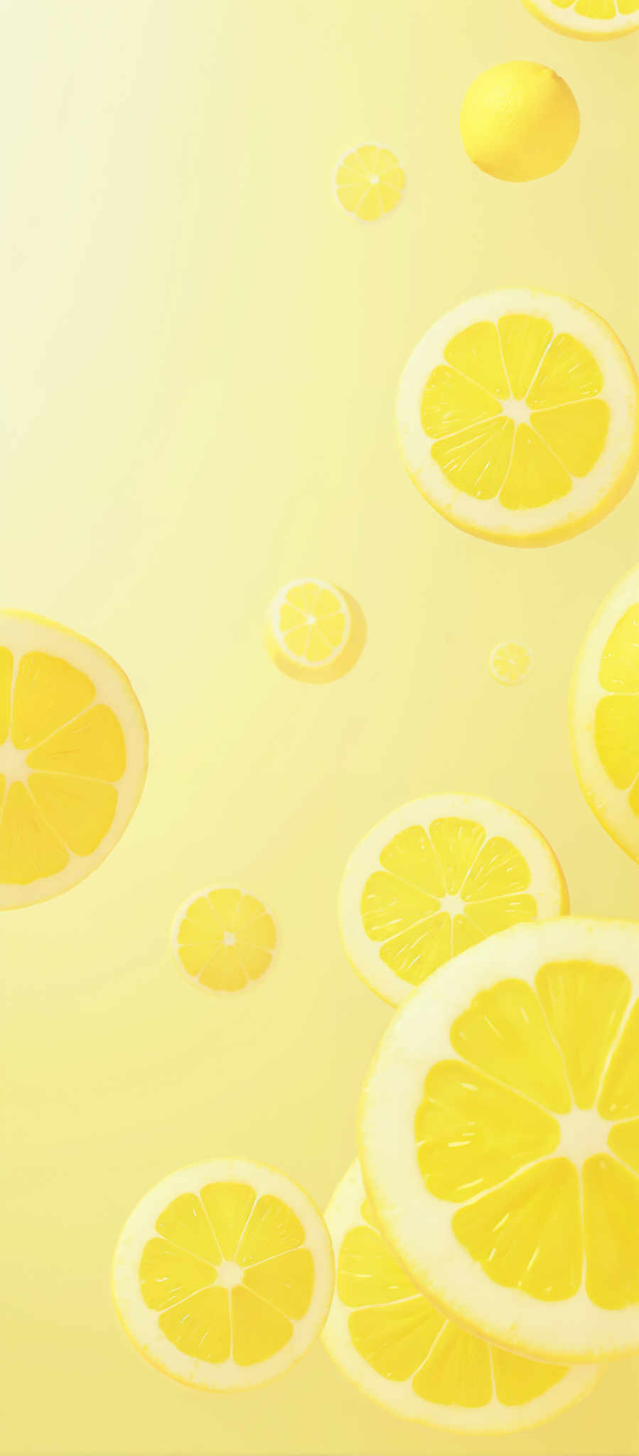 The image features a vibrant display of lemon slices each with a bright yellow color and a white center. There are 12 slices in total arranged in a grid-like pattern. The slices are evenly spaced creating a sense of symmetry and balance in the image.

The background of the photo is a pale yellow color which complements the lemon slices and enhances their visual appeal. The overall composition of the photograph is simple yet striking with the lemon slice arrangement being the focal point.

The image does not contain any text or other discernible objects. The focus is solely on the lemon sliced their arrangement and the pale yellow background. The image does an excellent job of showcasing the lemon in a visually appealing manner.