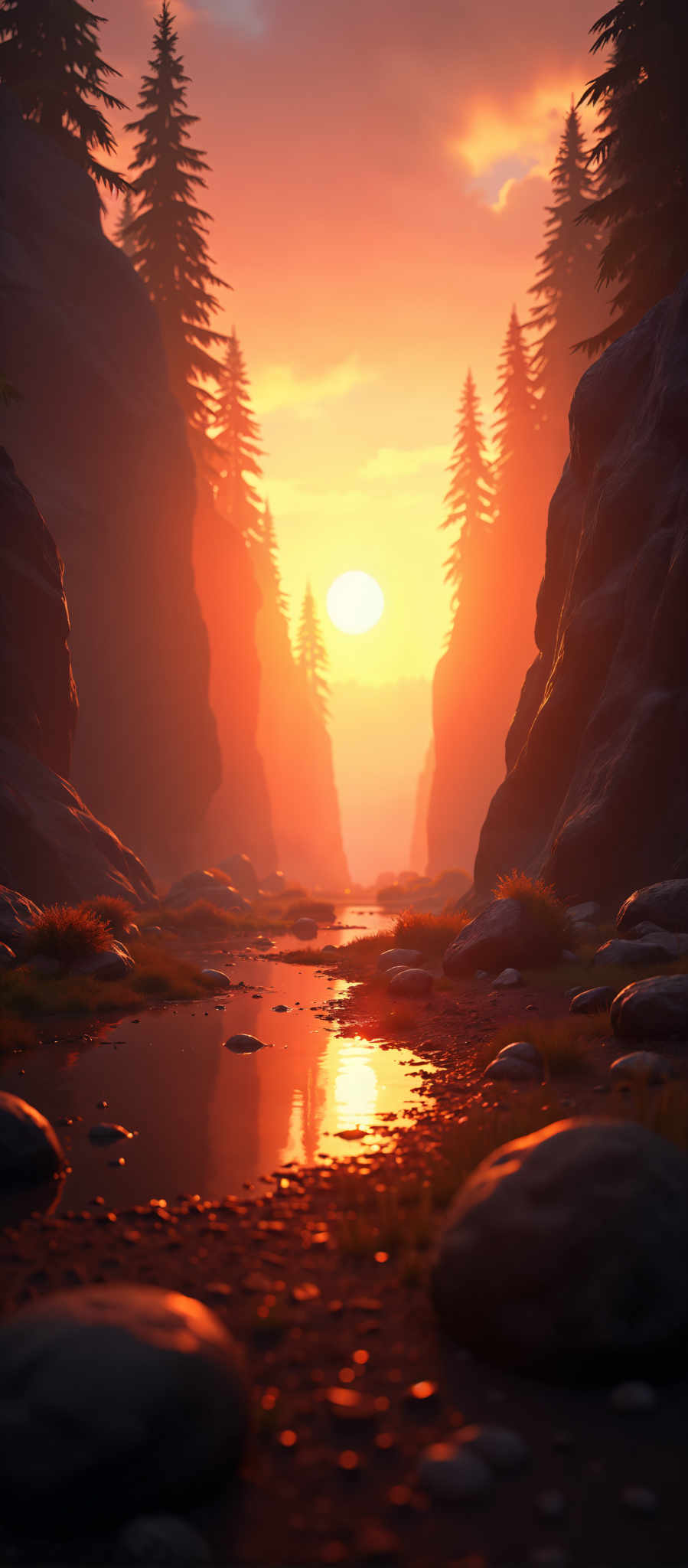 A serene scene of a river flowing through a canyon at sunset. The river filled with rocks and grass is the main focus of the scene. The canyon walls made of dark rock tower over the river creating a sense of depth and scale. The sky above is a vibrant orange with the sun setting in the background casting a warm glow over the entire scene. This image captures the beauty and tranquility of nature with its colors and elements coming together to create a peaceful and picturesque landscape.