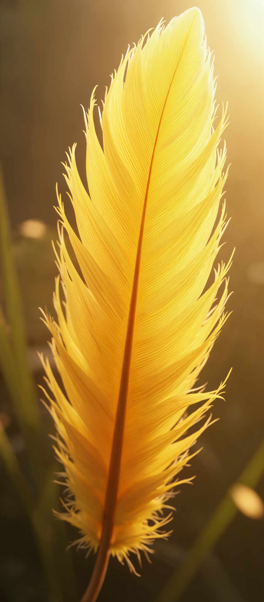 A close up of a yellow feather with a brown stem.