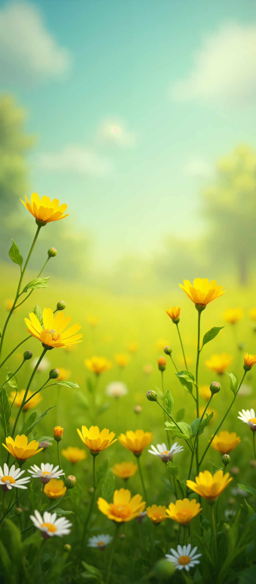 A field of yellow flowers with green leaves.