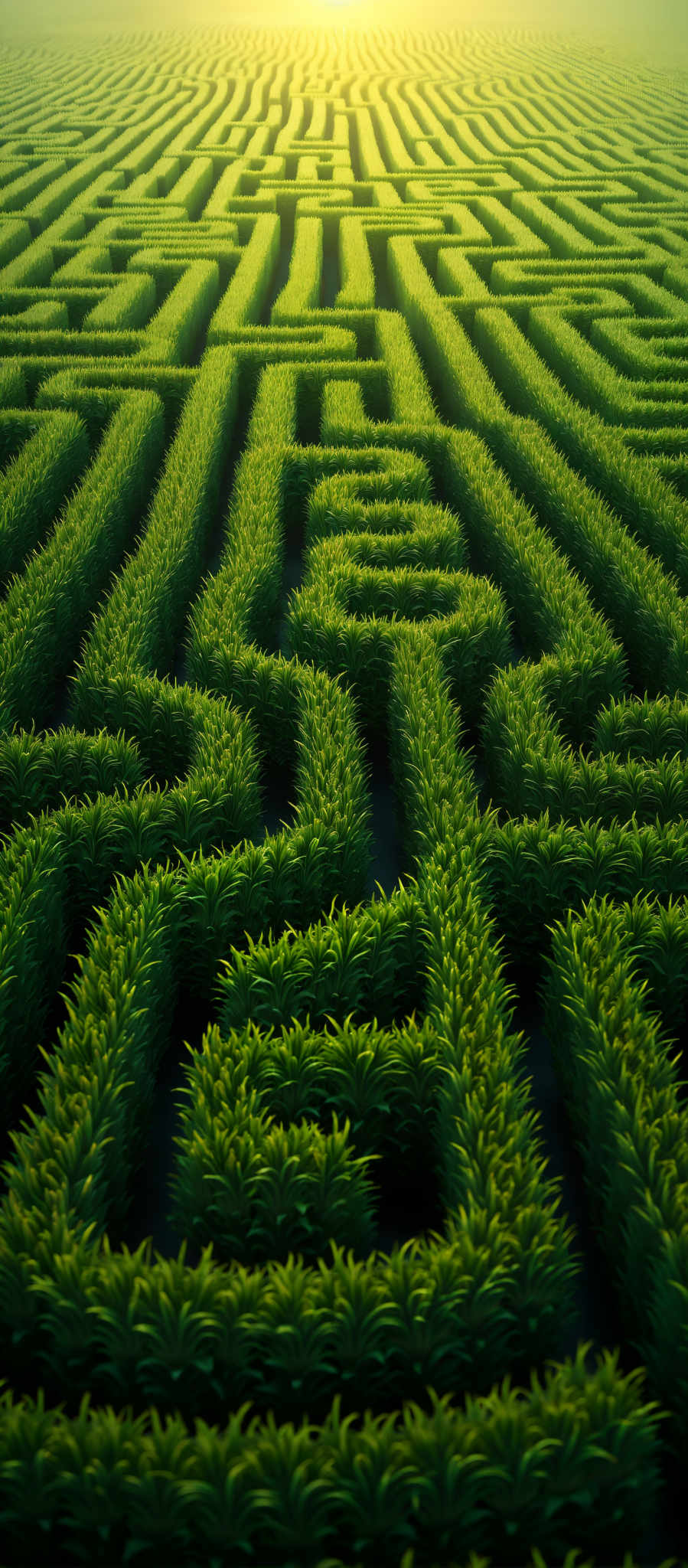 A computer generated image of a maze made of green plants. The maze is intricate and complex with many twists and turns. The plants are arranged in a way that creates a sense of depth and perspective. The image is taken from a high angle providing a bird's eye view of the maze. The background is a solid color which contrasts with the green of the plants and helps to highlight the maze's structure. The overall effect is a visually striking image that showcases the beauty of nature and the complexity of artificial intelligence.