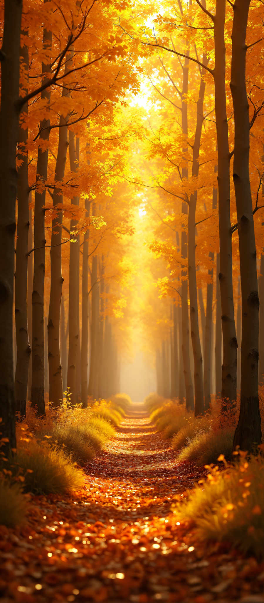 A forest of tall trees with yellow leaves and a path in the middle.