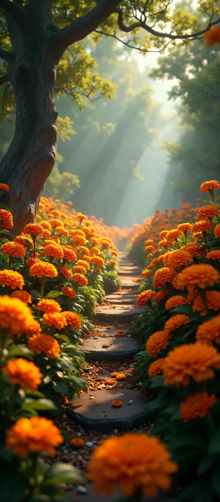 A path of orange flowers with a blue sky in the background.