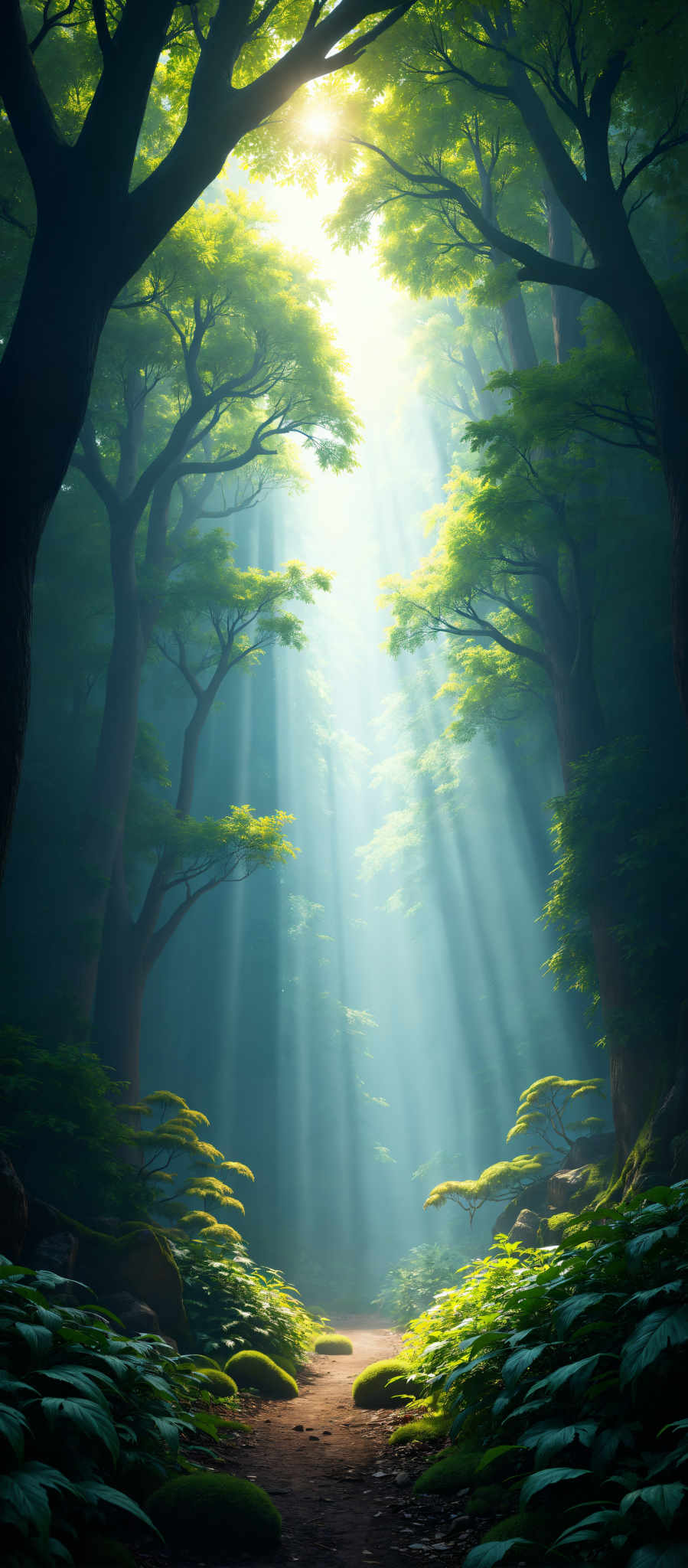 A forest scene with tall trees and a bright light shining through.