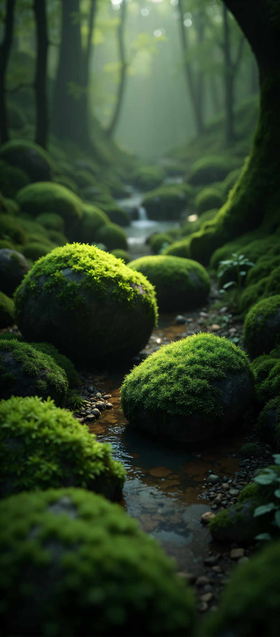 A group of moss covered rocks in a forest.