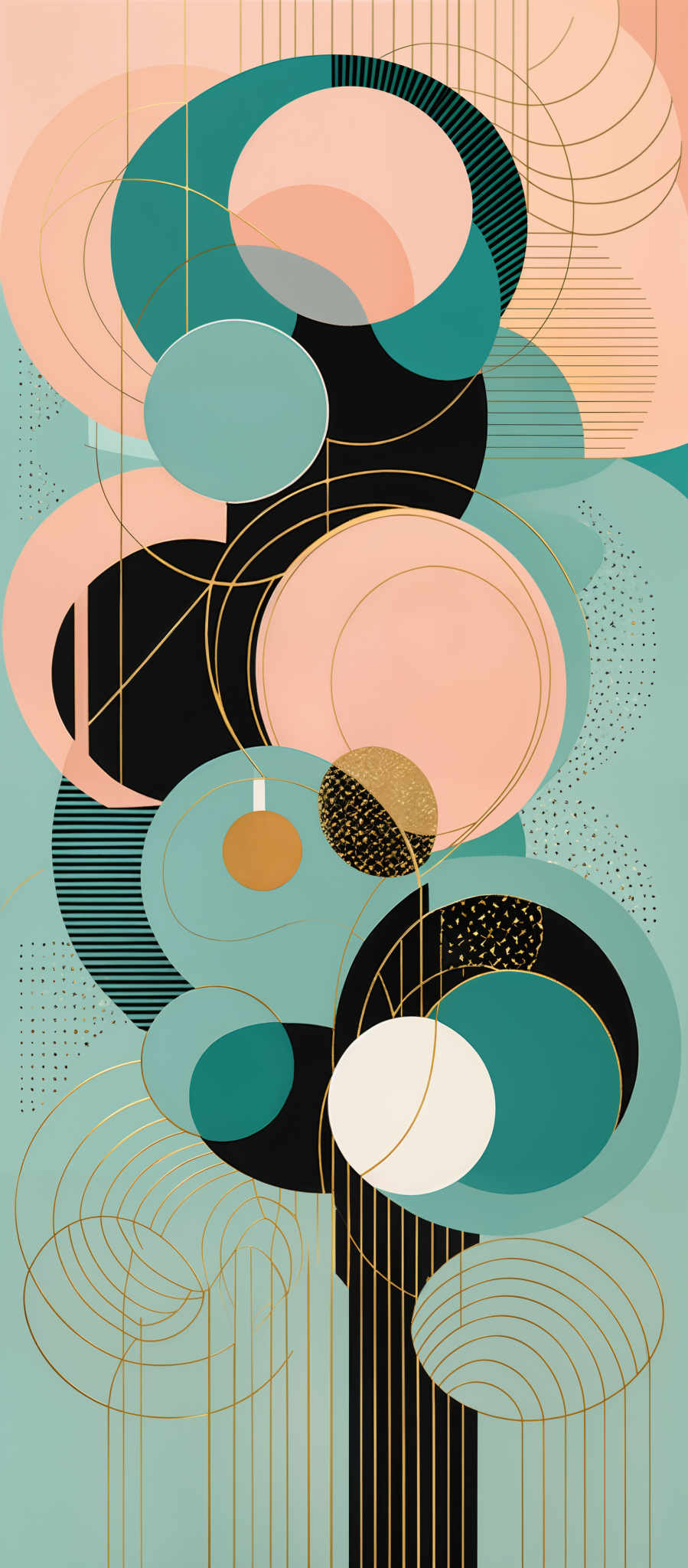 The image showcases an abstract artwork with a combination of geometric shapes and patterns. Dominant colors include shades of teal, pink, and gold. The artwork features overlapping circles, rectangles, and other geometric forms. There are also gold vertical lines and patterns that add depth and dimension to the piece. The overall design evokes a sense of harmony and balance, with the contrasting colors and patterns creating a visually appealing composition.