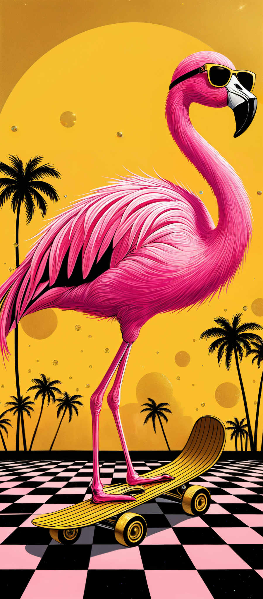 The image showcases a vibrant and colorful scene. The dominant color is a bright yellow, which forms the background and is adorned with circular patterns resembling suns or moons. In the foreground, there's a large, striking pink flamingo. The flamingos feathers are depicted in intricate detail, showcasing a gradient of pink hues. The bird is wearing stylish sunglasses and is poised on a yellow skateboard. The skateboards wheels are golden, and the board itself is placed on a checkered floor, alternating between black and white squares. In addition, there are silhouettes of palm trees scattered throughout the background, adding to the tropical ambiance.