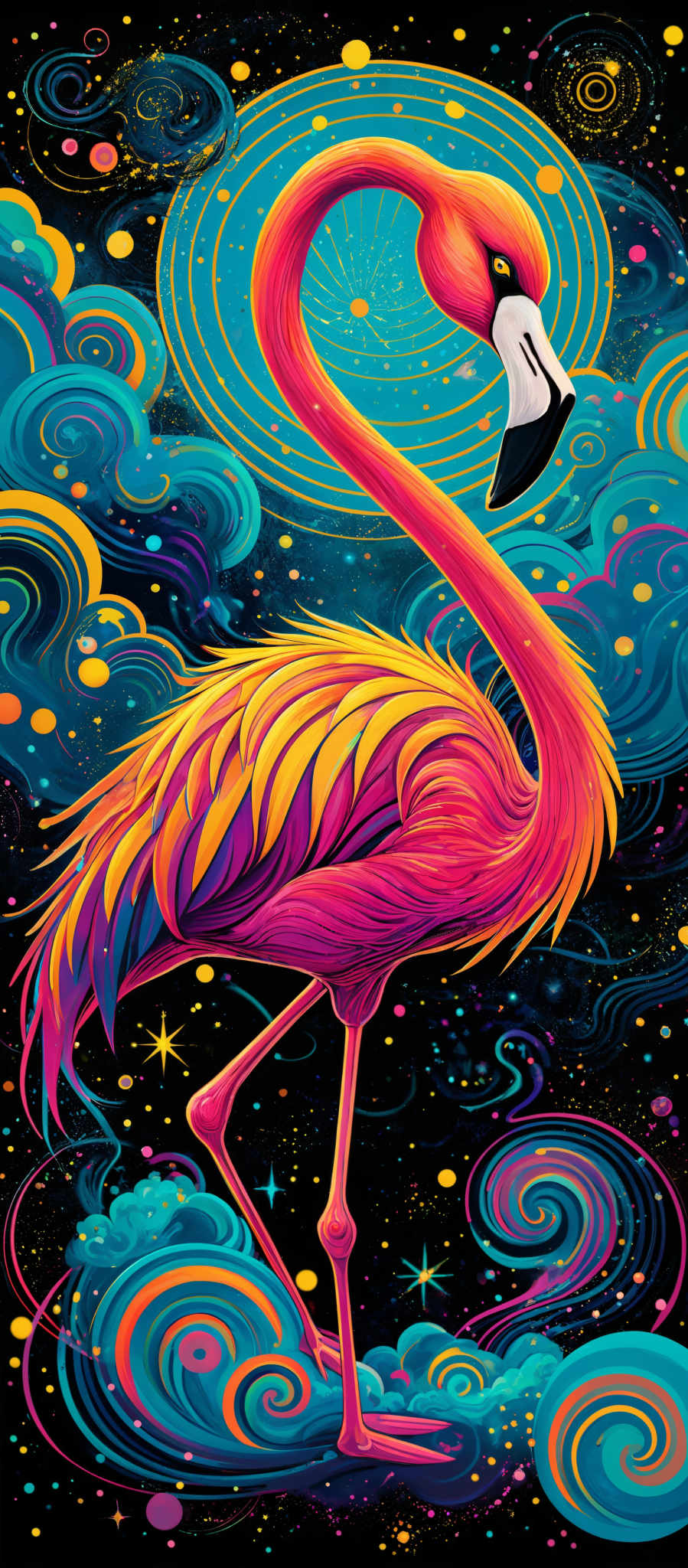 The image showcases a vibrant and colorful depiction of a flamingo. The flamingos are painted in a rich palette of pink, orange, and purple. The background is a swirl of deep blues, teals, and yellows, with abstract patterns resembling cosmic swirls and galaxies. There are also bright spots and stars scattered throughout the background, adding to the celestial theme.