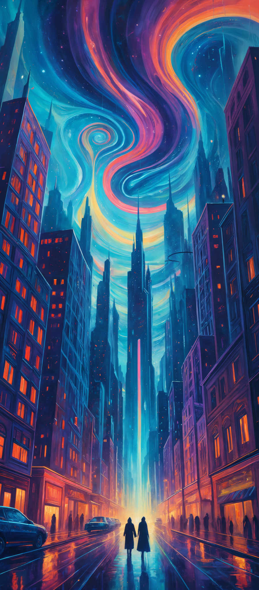 The image showcases a vibrant cityscape at night with tall buildings illuminated by the glow of lights. The sky above is painted with swirling patterns of vivid colors, including shades of blue, purple, orange, and yellow. These colors create a mesmerizing effect, almost as if the city is under a magical or otherworldly sky. The streets below are wet, reflecting the city lights and the swirled sky above. There are a few silhouettes of people walking on the streets, and a few vehicles can be seen. The overall ambiance of the image is both dreamy and mysterious.