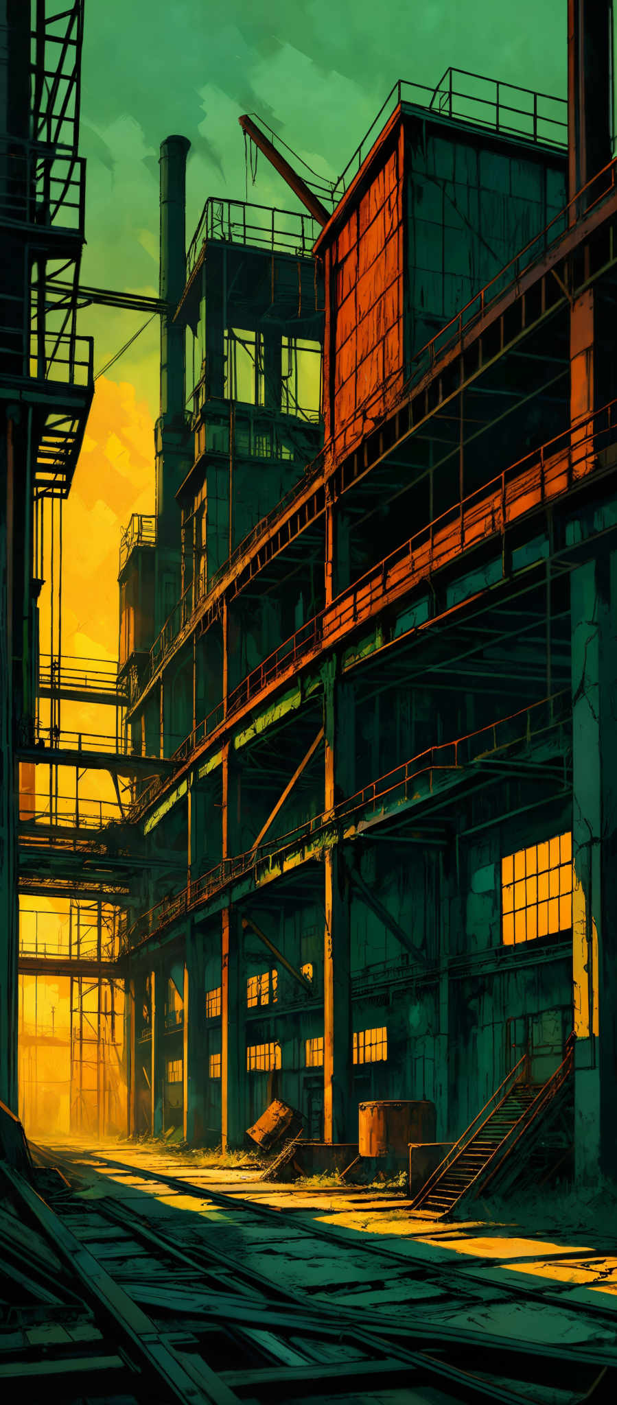 The image showcases a large industrial structure, possibly a factory or warehouse, during sunset or sunrise. The dominant colors are shades of orange, yellow, and green, with the sun casting a warm glow. The structure has multiple levels, with large platforms, walkways, and scaffolding. There are large chimneys, windows, and doors. The overall atmosphere is a mix of industrial decay and the beauty of nature.