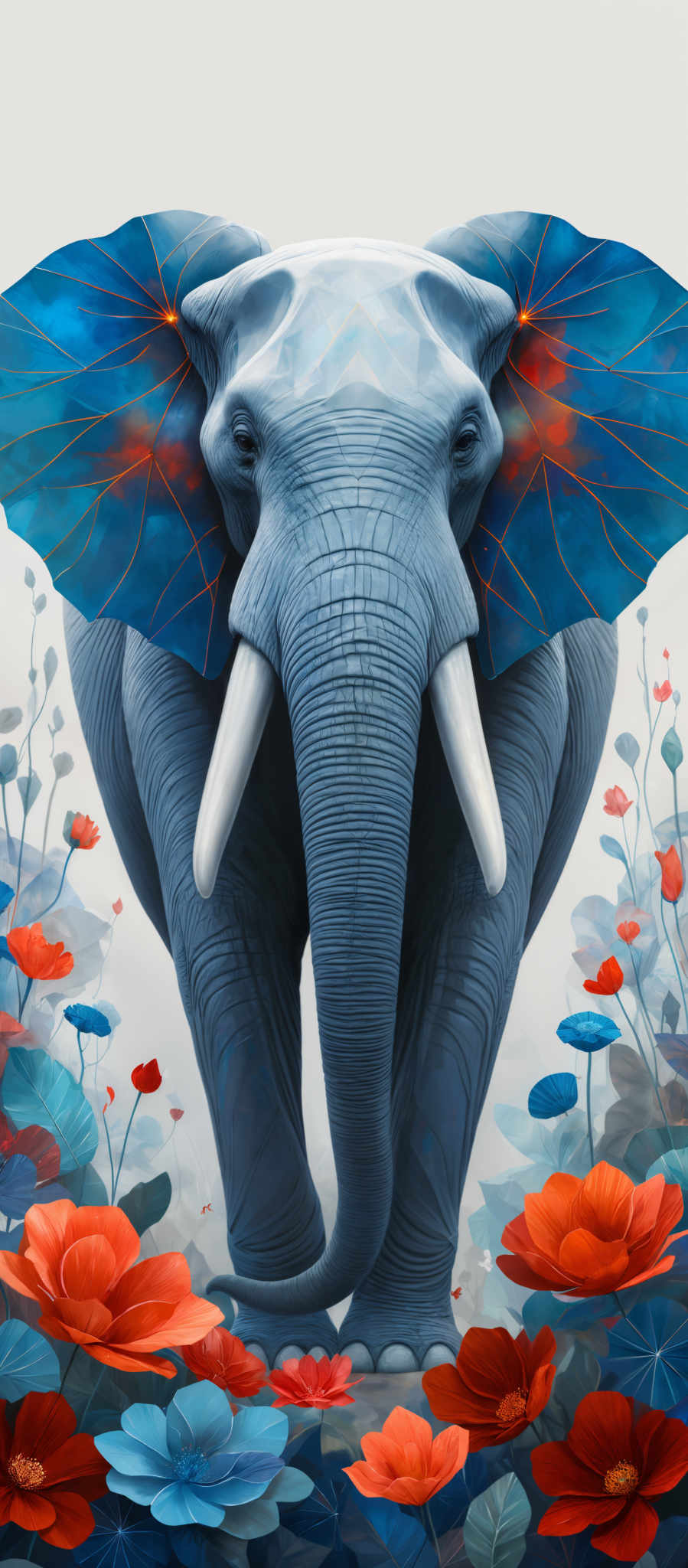 The image showcases a majestic elephant with intricate details. The elephants' ears are adorned with vibrant blue patterns that resemble watercolor splashes. The background is a soft white, contrasting beautifully with the rich colors of the flowers surrounding the elephent. The flowers are in shades of red, blue, and white, and they appear to be floating or growing amidst the elePHANT's trunk and legs.