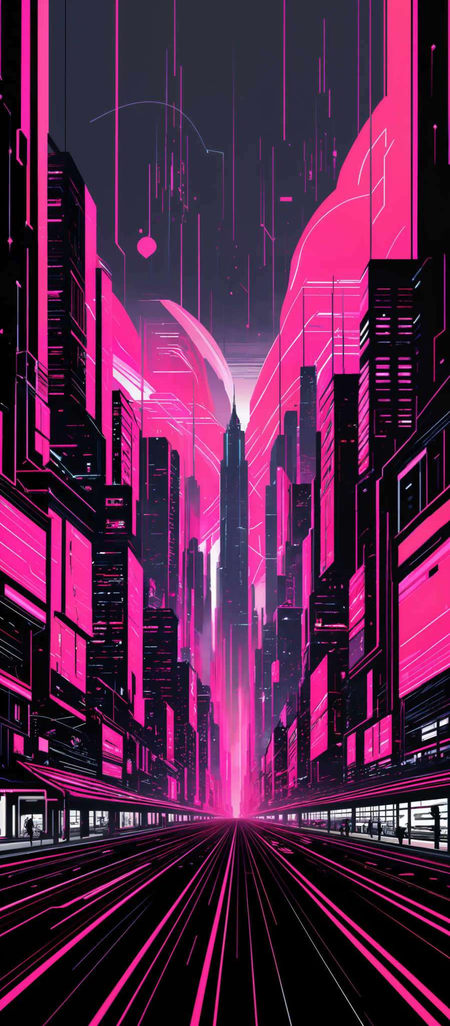 The image showcases a futuristic cityscape with predominant hues of pink and black. The buildings are tall and have a unique design, with sharp angles and geometric shapes. The skyline is adorned with digital elements, such as holographic displays and floating structures. The streets are illuminated with bright pink lines, giving a sense of speed and movement. Overall, the image exudes a cyberpunk aesthetic, blending advanced technology with urban architecture.