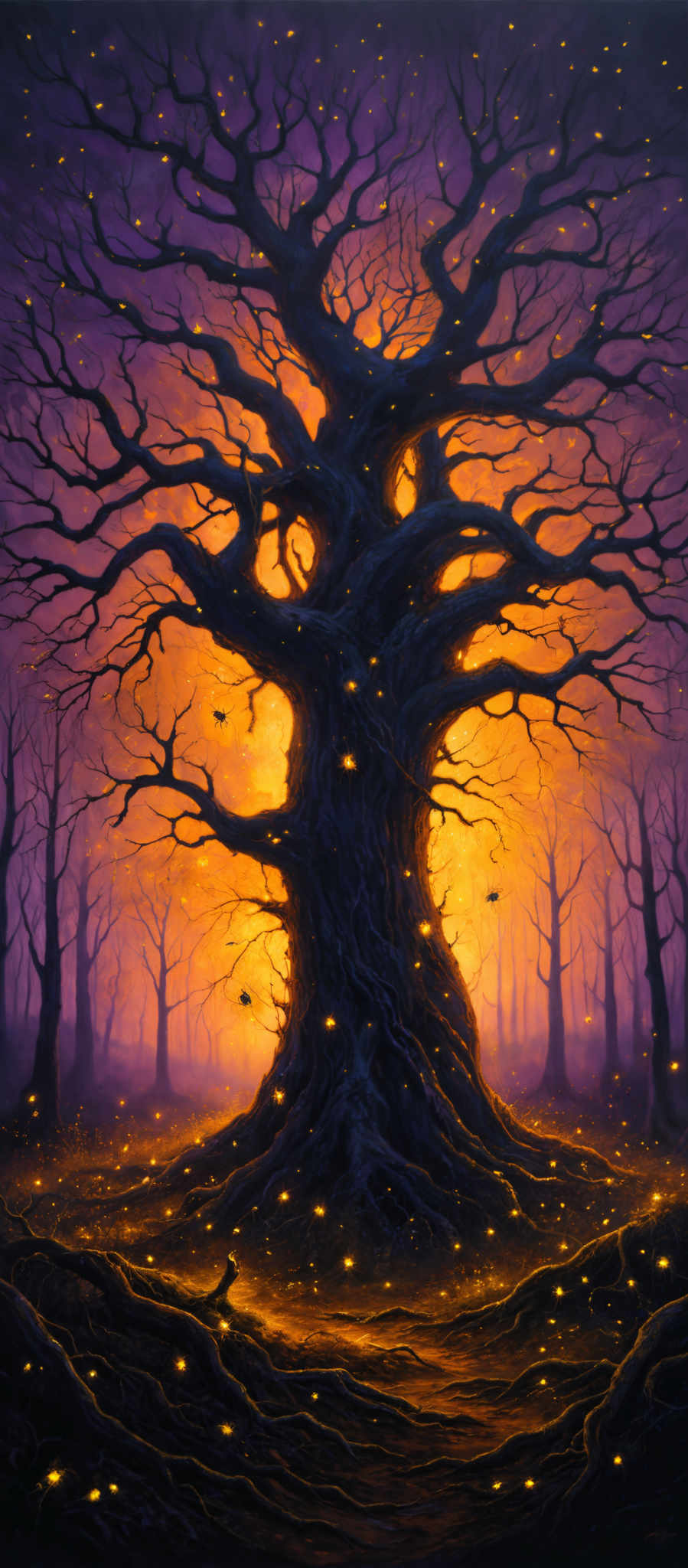 The image showcases a large, sprawling tree with intricate branches. The tree stands prominently against a backdrop of a vibrant purple and orange sky, suggesting either a sunrise or sunset. The ground is illuminated with a golden hue, possibly from the tree's roots or a nearby source, and is scattered with glowing orbs or fireflies. The overall atmosphere is mystical and ethereal.