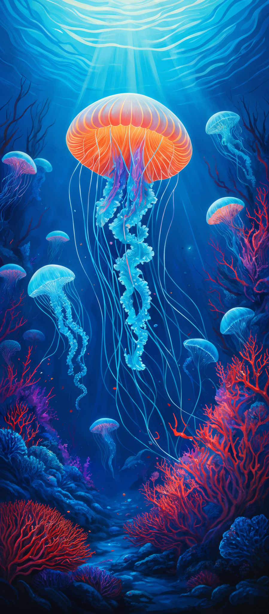 The image showcases an underwater scene with vibrant colors. Dominating the center is a large, translucent jellyfish with an orange hue and delicate, long tentacles. Surrounding the jelly fish are smaller jellyfishe, some of which have a translucence similar to the main one, while others have a more opaque appearance. The background is a deep blue, representing the vastness of the ocean. The seabed is adorned with vivid corals in shades of red, purple, and blue, creating a mesmerizing contrast with the jellies and the water above. Sunlight filters through the water, casting a shimmering light on the scene.