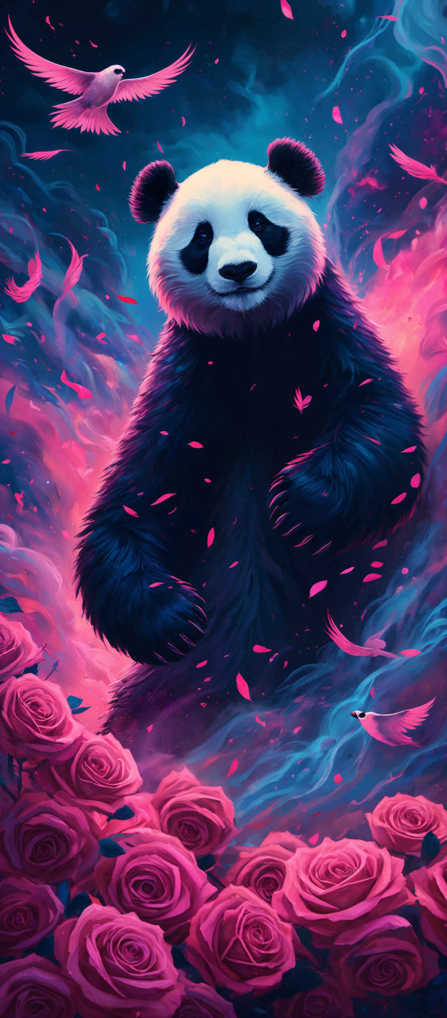 The image showcases a vibrant and colorful scene. Dominating the center is a panda with a calm and serene expression. The panda is surrounded by a swirl of pink and blue hues, giving an ethereal and dreamy feel. There are pink rose petals floating in the air, and a few birds, possibly doves, are seen flying around. The background is a blend of deep blues and purples, creating a contrast with the bright pink elements. The entire scene exudes a sense of wonder and magic.