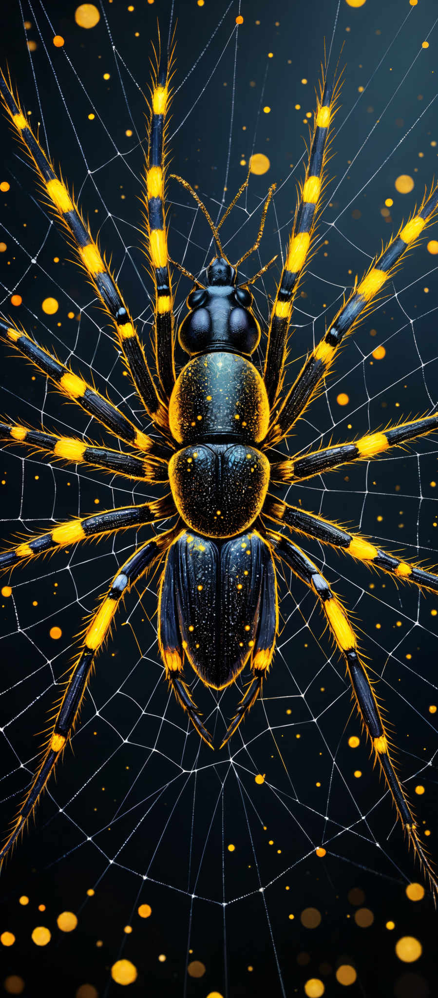 The image showcases a vibrant and detailed depiction of a spider. The spider has a predominantly black body with striking yellow and orange patterns on its legs. The background is a deep blue, adorned with numerous golden-yellow orbs, possibly representing fireflies or stars. The web, which the spider is situated on, is intricately designed, with fine lines and a web-like texture. The overall ambiance of the image is mysterious and enchanting, with the spiders' eyes appearing to glow.