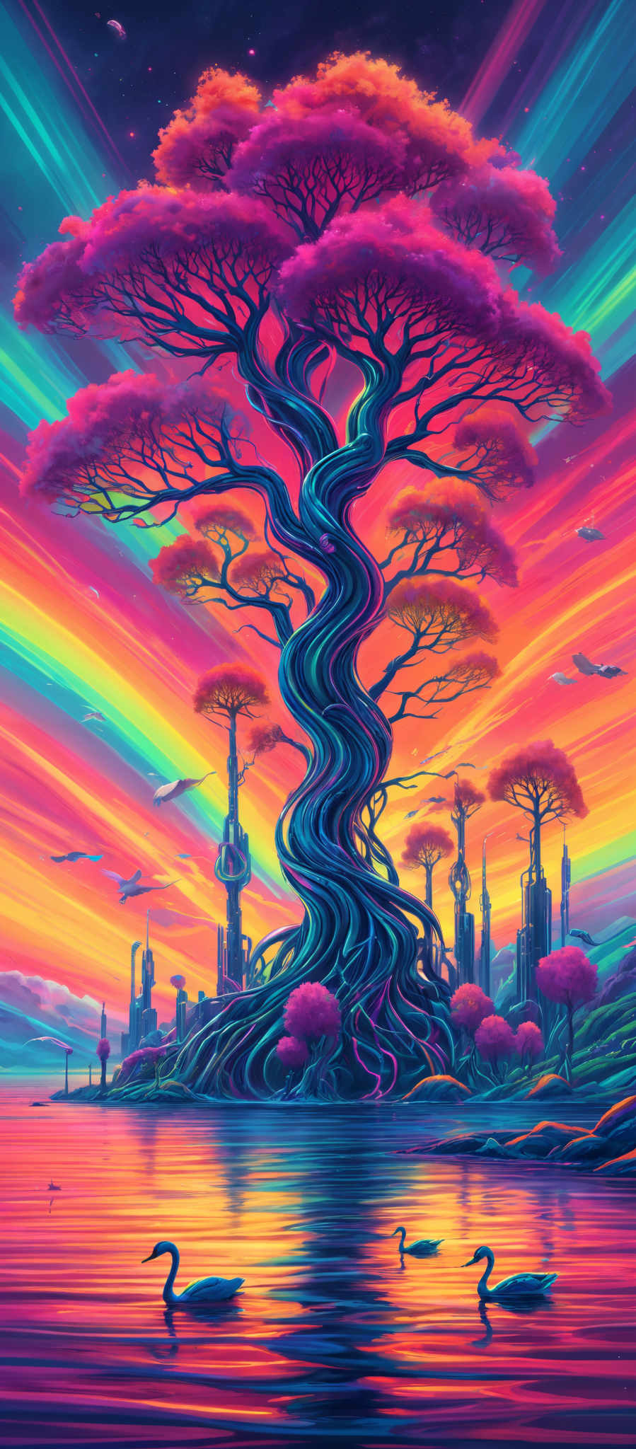 The image showcases a vibrant and colorful landscape. At the center, there's a large, twisted tree with a canopy of pinkish-red leaves. The tree's trunk is intricately woven with blue patterns, resembling a combination of roots and tendrils. Surrounding the tree are smaller trees with similar pink leaves. In the background, there are tall, futuristic-looking structures that appear to be floating or suspended in the air. These structures have a mix of organic and mechanical designs. The sky is ablaze with a spectrum of colors, ranging from deep blues to fiery oranges and reds, creating an impression of a sunset or sunrise. The water below reflects these colors, and there are a few white birds flying near the surface.