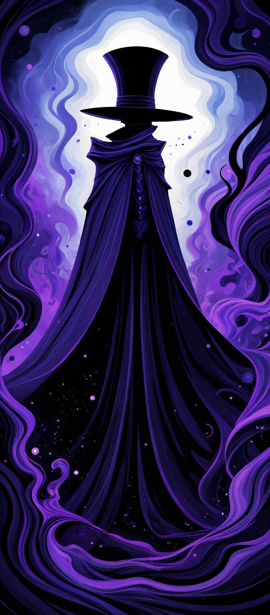 The image predominantly features shades of purple and blue. The central figure is draped in a flowing cloak that cascades around them, with intricate patterns on the chest area. The figure wears a wide-brimmed hat, obscuring their face. The background is a swirling mix of these colors, creating an ethereal and mysterious ambiance. There are also small, dark, circular shapes scattered throughout, possibly representing stars or distant lights.