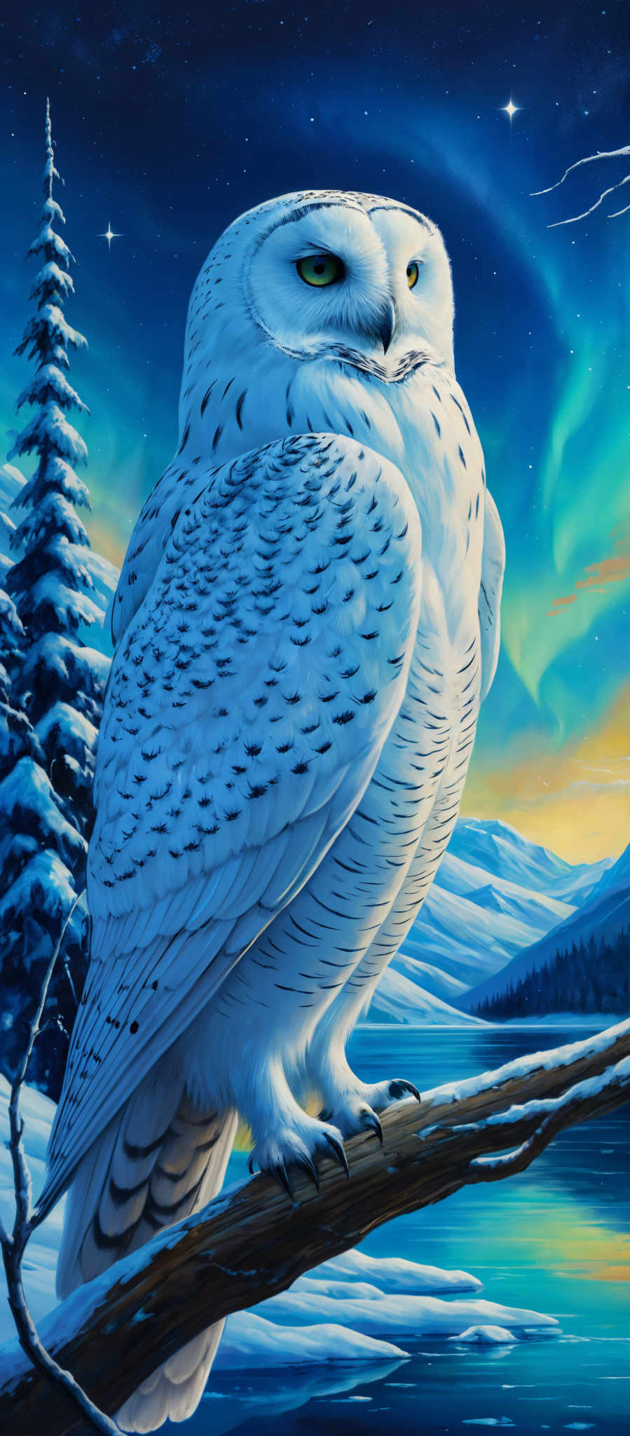 The image showcases a snowy owl perched on a branch. The owl is predominantly white with intricate patterns on its feathers. Its eyes are a striking shade of yellow. The background features a serene night landscape with a vibrant display of the Northern Lights, also known as the Aurora Borealis. The sky is painted in deep blues and purples, dotted with stars. Below, there's a tranquil body of water reflecting the colors of the sky. Surrounding the water are snow-covered mountains and evergreen trees.