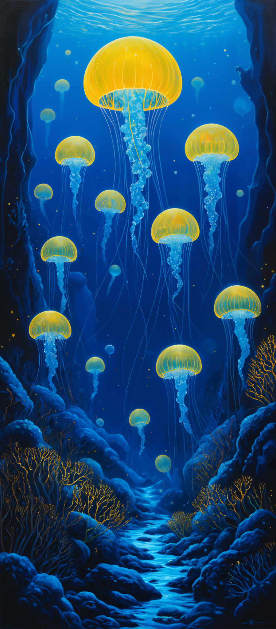 The image showcases a vibrant underwater scene. The dominant colors are various shades of blue, representing the deep ocean. There are multiple jellyfish floating gracefully in the water, with their translucent bodies and long tentacles. The jellyfis are primarily yellow with a hint of blue at the center. The ocean floor is depicted as a rocky terrain with golden-yellow coral formations. Above the jellyfi, there's a glimpse of the ocean's surface with ripples and tiny specks that might represent plankton or other marine life.