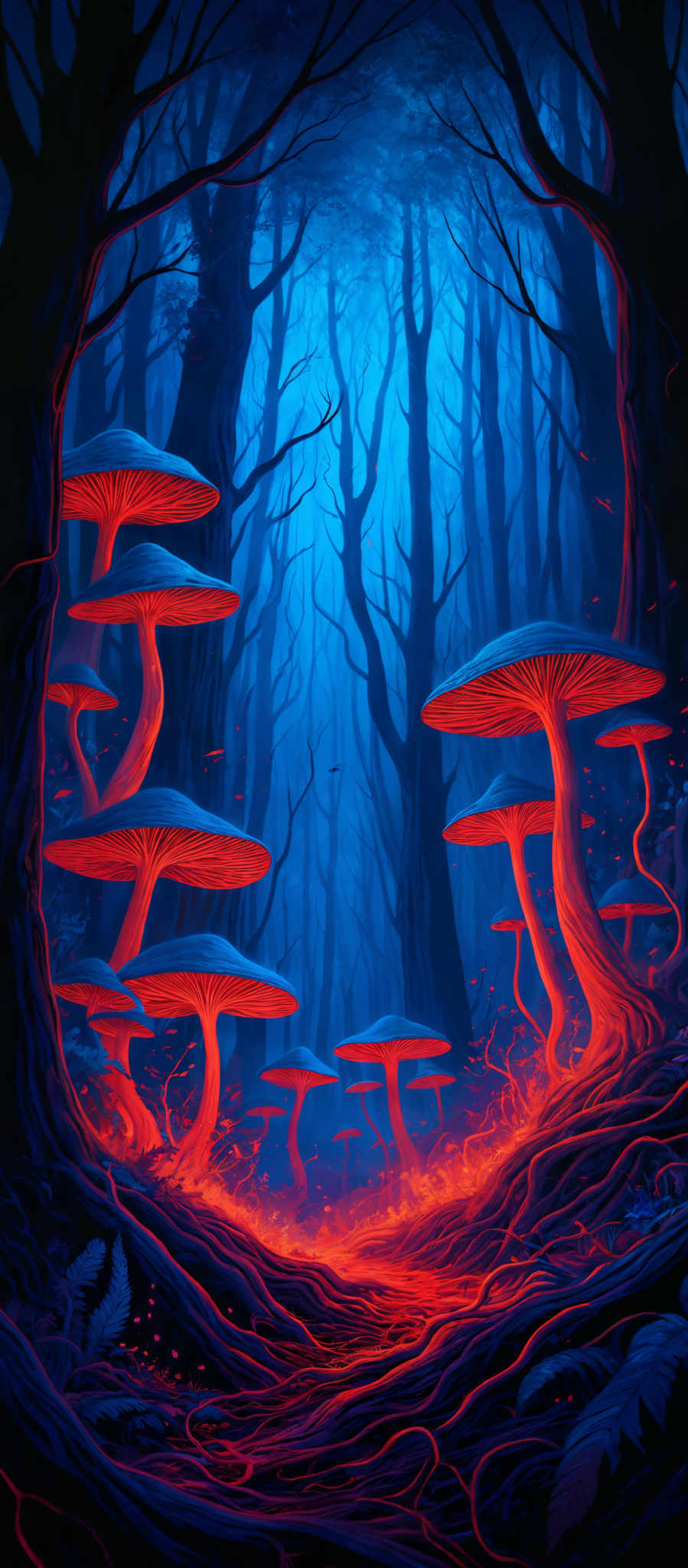 The image showcases a mystical forest with tall, slender trees whose trunks are intertwined. The forest is bathed in a deep blue hue, giving it a serene and ethereal ambiance. The ground is covered with large, vibrant red mushrooms that have a luminescent glow. These mushroom caps are shaped like umbrellas and have a smooth texture. The roots of the mushrooms are intricately designed, curling and twisting, and they are also glowing in a fiery red hue. The entire scene is illuminated by a soft, blue light that filters through the trees, creating a magical and otherworldly atmosphere.