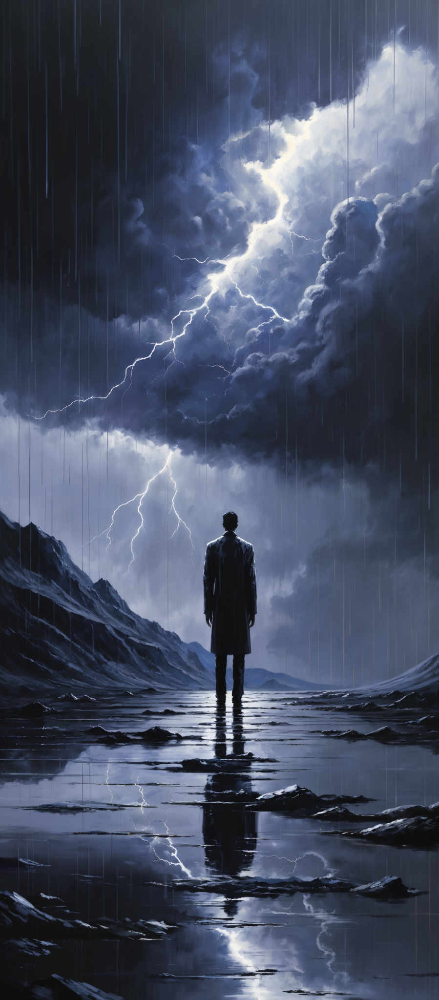 The image predominantly features shades of blue, ranging from deep navy to lighter hues. The sky is filled with dark, stormy clouds, from which bright streaks of lightning emanate. These lightning bolts are vibrant white and contrast sharply with the darker clouds. The ground appears to be wet, reflecting the sky and the figure in the foreground. A solitary figure, possibly a man, stands with his back to the viewer, looking towards the horizon. The figure is dressed in a long coat, and his reflection can be seen in the water below. The overall mood of the image is dramatic and intense, evoking feelings of awe and contemplation.