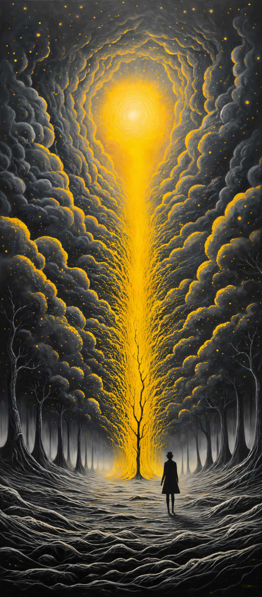 The image predominantly features dark and moody tones, with a striking contrast of bright yellow and gold emanating from the center. The central figure appears to be a tree with its roots and branches extending upwards, emitting a fiery, golden light. Surrounding this are dark, swirling clouds that seem to be in motion, giving an impression of depth and movement. The ground is covered with what appears to have been burned or scorched, with patterns resembling flowing water or lava. On the right side, there's a silhouette of a person, possibly a woman, walking towards the light, adding a sense of scale and intrigue to the scene.