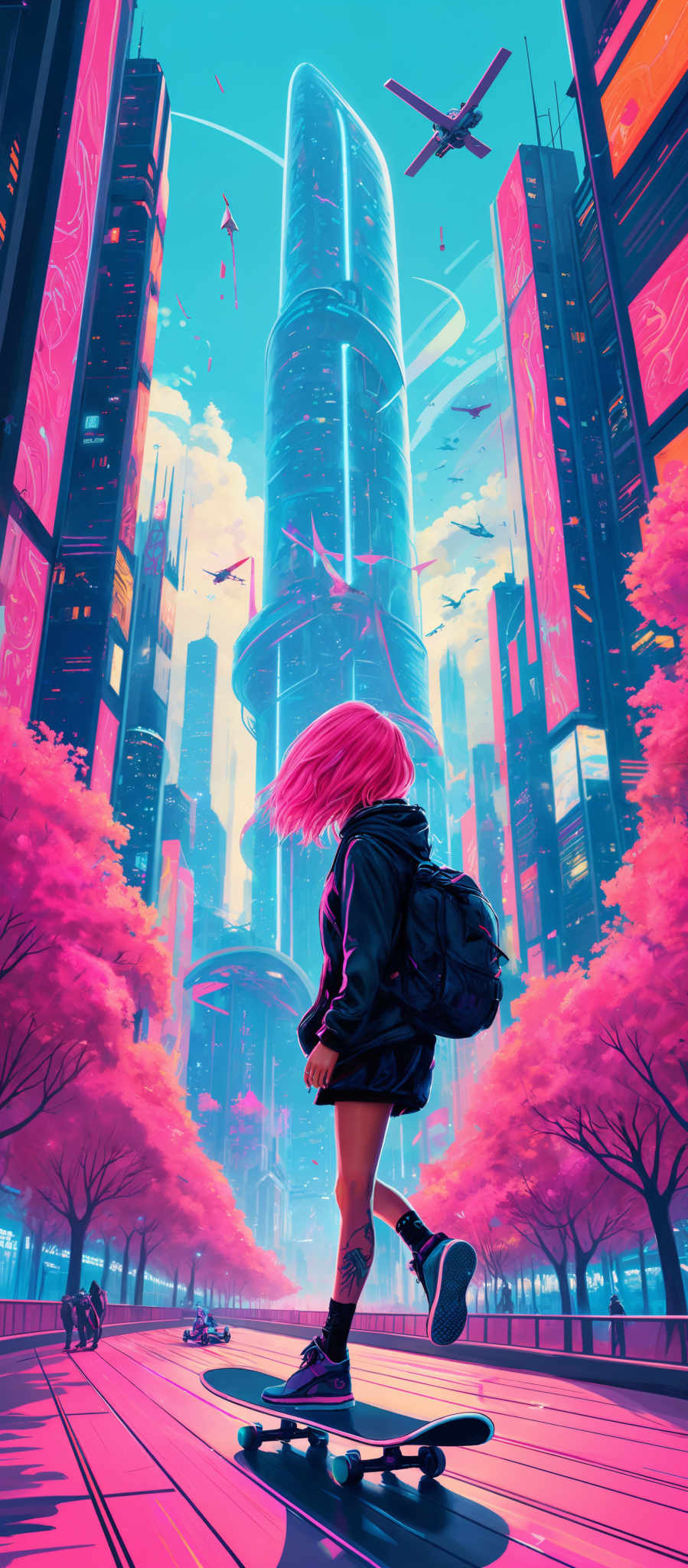 The image showcases a vibrant cityscape with tall skyscrapers, some of which have neon signs. The dominant colors are shades of blue, pink, and orange. The sky is clear with a few clouds, and there are flying vehicles in the sky. The central focus is a young individual with pink hair, riding a skateboard on a pathway surrounded by pink trees. The person is wearing a black jacket, shorts, and shoes, and has a backpack. There are also other people and vehicles in distant parts of the image, and the overall atmosphere is futuristic and bustling.