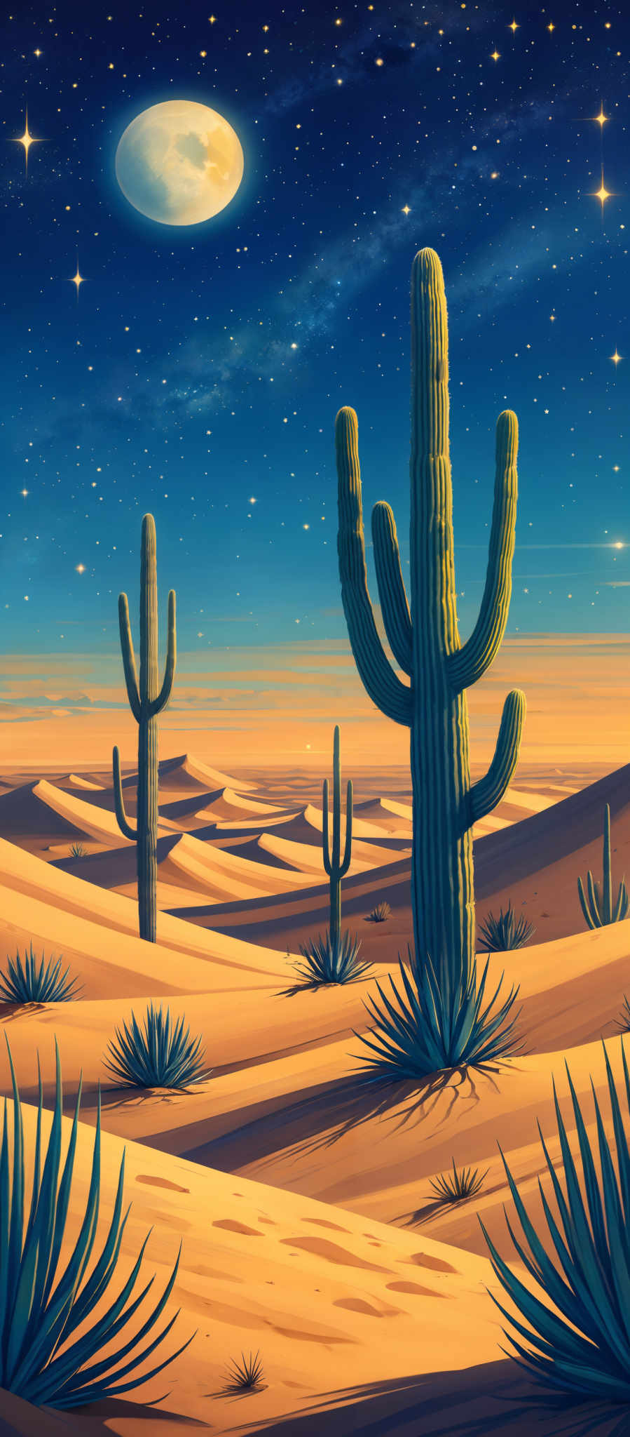 The image showcases a desert landscape under a starry night sky. The dominant colors are deep blues, vibrant oranges, and rich greens. The sky is filled with stars, and there's a prominent full moon. The desert is dotted with cacti, primarily saguaro cactuses, which are tall and have multiple arms. The sand dunes in the foreground have a smooth texture, and the vegetation, primarily agave plants, are scattered around the cactus. The horizon shows a hint of a sunset or sunrise, casting a warm orange glow.