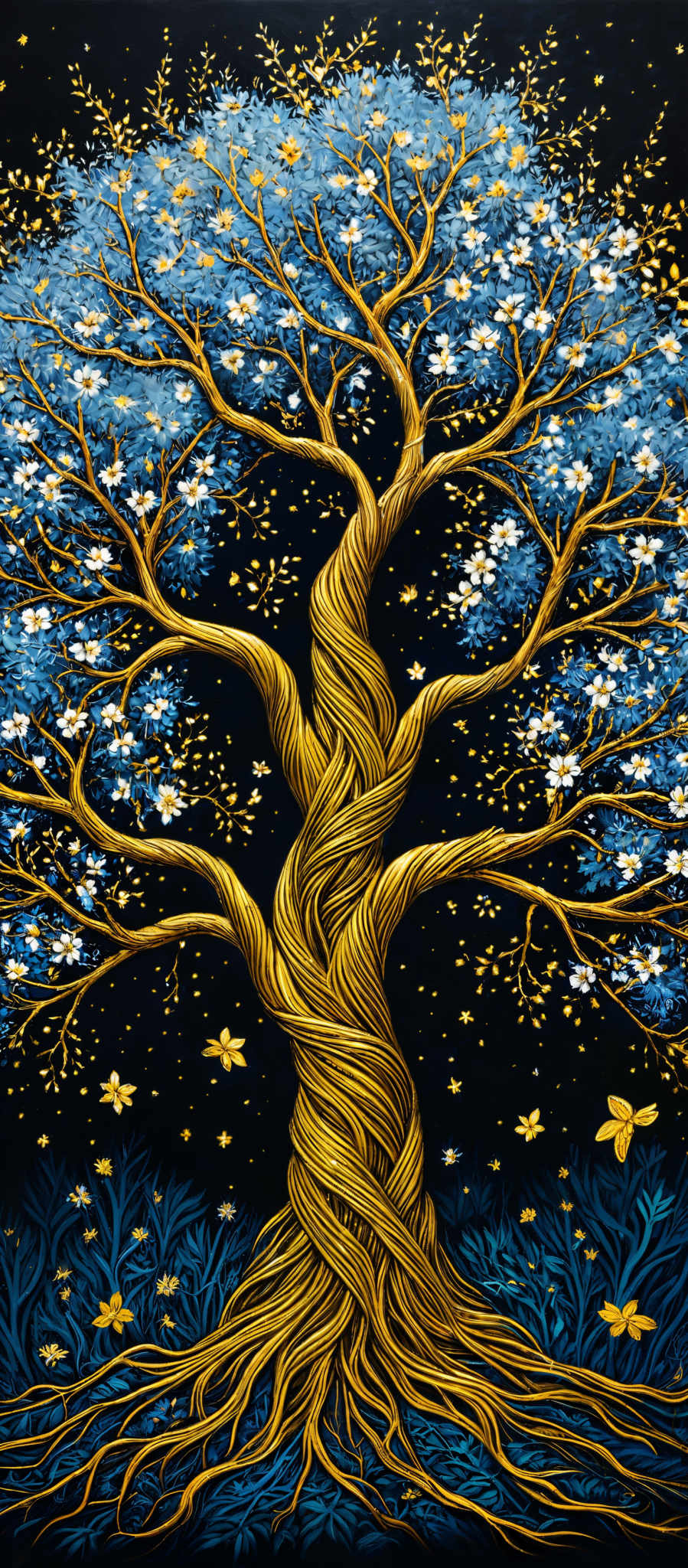 The image showcases a vibrant and intricate painting of a tree. The tree has a twisted and intertwined trunk, with its branches extending outwards in a dense canopy. The leaves of the tree are painted in shades of blue, giving it a mystical and ethereal appearance. The background is a deep black, which contrasts beautifully with the tree's blue foliage and golden roots. The ground is adorned with golden butterflies, and there are small white flowers scattered throughout the tree.