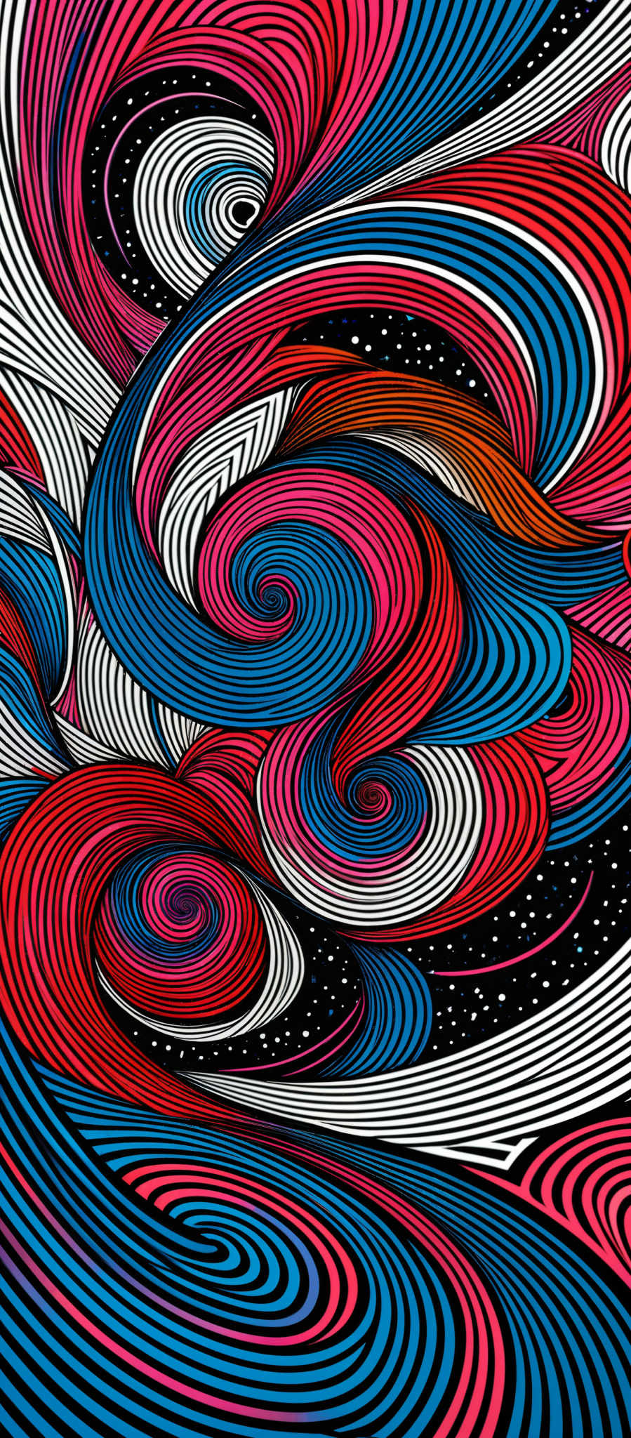 The image showcases a vibrant and intricate pattern of swirling lines. The dominant colors are red, blue, white, and black. The swirls are intricate, with each one having multiple layers of lines that twist and intertwine in complex patterns. The background is a deep black with specks of white, giving the impression of a starry night sky.