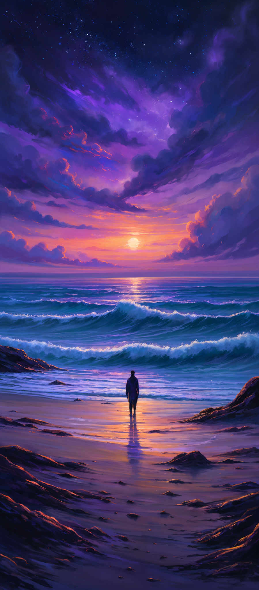 The image showcases a vibrant and dramatic seascape during what appears to be either dawn or dusk. The sky is painted with hues of purple, pink, and orange, with dark clouds interspersed. The sun is setting or rising, casting a golden glow on the horizon. The sea has waves crashing onto the shore, with the water reflecting the colors of the sky. In the foreground, there's a silhouette of a person standing on the beach, looking out at the sea. The person's reflection can be seen in the wet sand. The overall mood of the image is contemplative and serene.