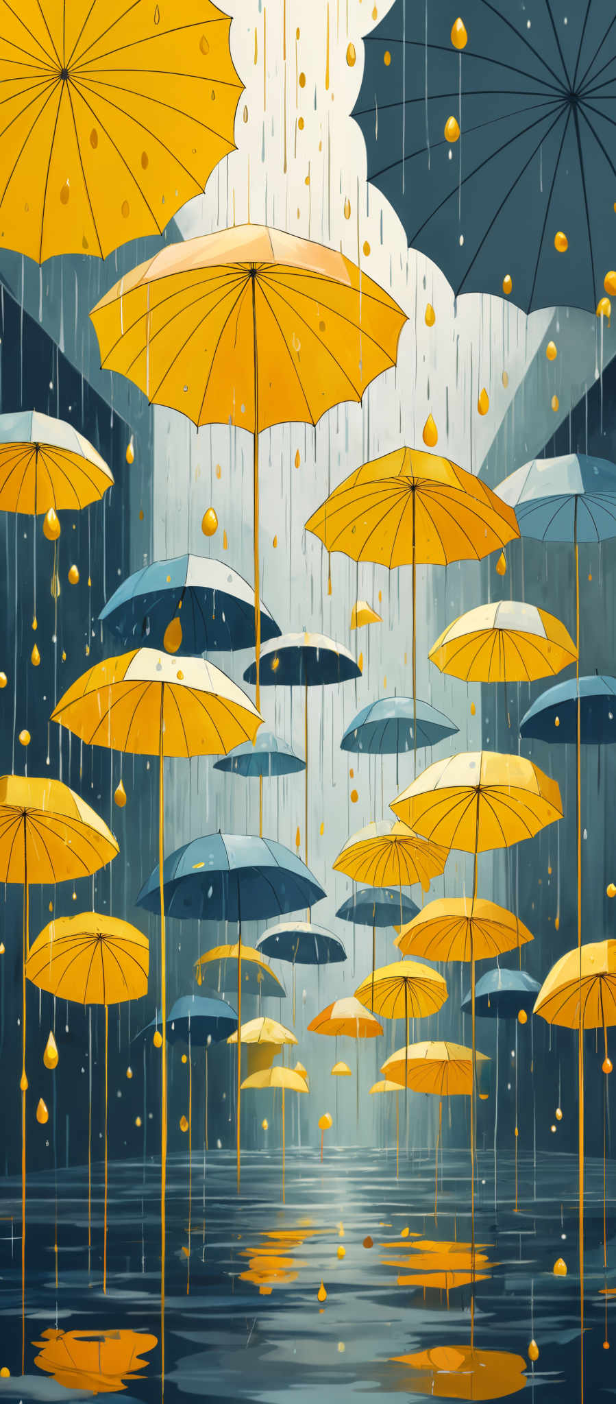 The image showcases a vibrant and colorful scene of multiple umbrellas floating in the air, set against a backdrop of rain. The umbrella canopies are predominantly in shades of yellow and blue. The rain appears to be falling in golden droplets, which contrast beautifully with the darker tones of the background. The water below reflects the umbreLLas and the rain, creating a mirror-like effect. The overall mood of the image is serene and dreamy, evoking feelings of calmness and tranquility.