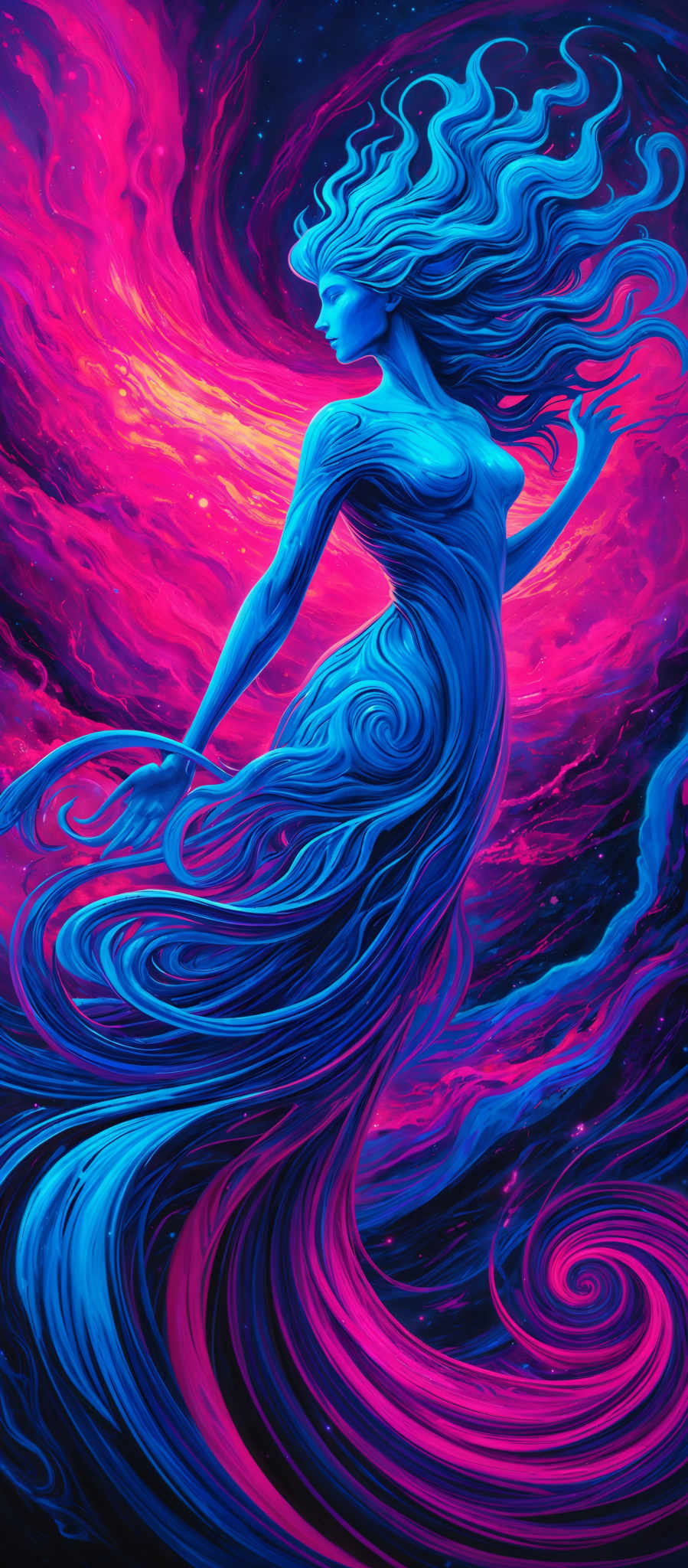 The image showcases a vibrant and dynamic scene with a dominant blue hue. At the center, there's a figure resembling a woman with flowing blue hair that seems to merge with the swirling patterns around her. The background is a vivid blend of reds, purples, and blues, creating an impression of a cosmic or nebulous environment. The woman's form is intricately detailed, with her body and hair intertwined with swirled patterns, giving her an ethereal and fluid appearance.