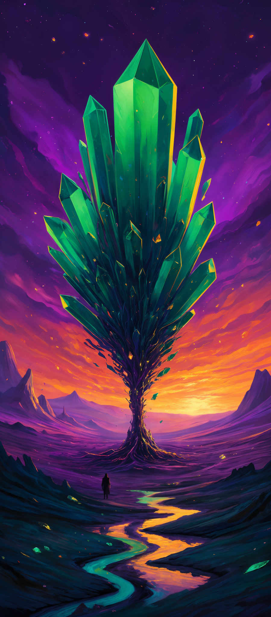 The image showcases a vibrant and surreal landscape. Dominating the scene is a colossal crystal tree with sharp, jagged crystals that emanate a greenish hue. The tree's base is rooted in the ground, and its branches extend upwards, reaching towards the sky. The sky is painted in deep purples and blues, with a hint of orange and yellow near the horizon, suggesting either a sunrise or sunset. There are small, glowing particles scattered throughout the sky, and a solitary figure stands in the foreground, gazing up at the tree. The ground is a mix of dark and light shades, with winding rivers or streams reflecting the colors of the sky and the green of the crystalline tree.