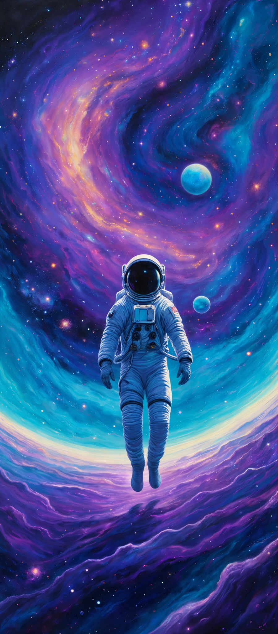 The image showcases a vibrant cosmic scene with swirling galaxies in hues of purple, blue, and orange. A lone astronaut, equipped with a spacesuit, floats in the foreground against this backdrop. The astronaut's suit is detailed with various instruments and panels. Surrounding the astronaut are celestial bodies, including planets and stars, adding depth and dimension to the scene.