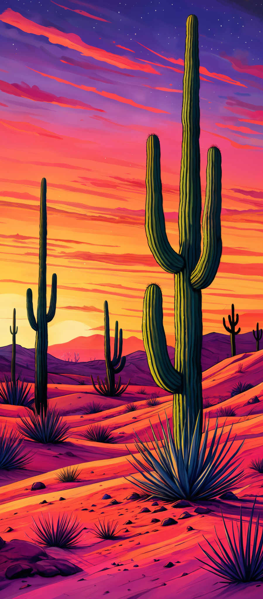 The image showcases a vibrant desert landscape during sunset. The sky is painted in hues of purple, pink, and orange, with streaks of blue. The sun is setting on the horizon, casting a warm orange glow. The ground is covered in red sand, interspersed with green cacti and blue agave plants. The cactus in the foreground is tall and has multiple arms, while the others are scattered around, varying in size. The distant horizon reveals a silhouette of mountains.