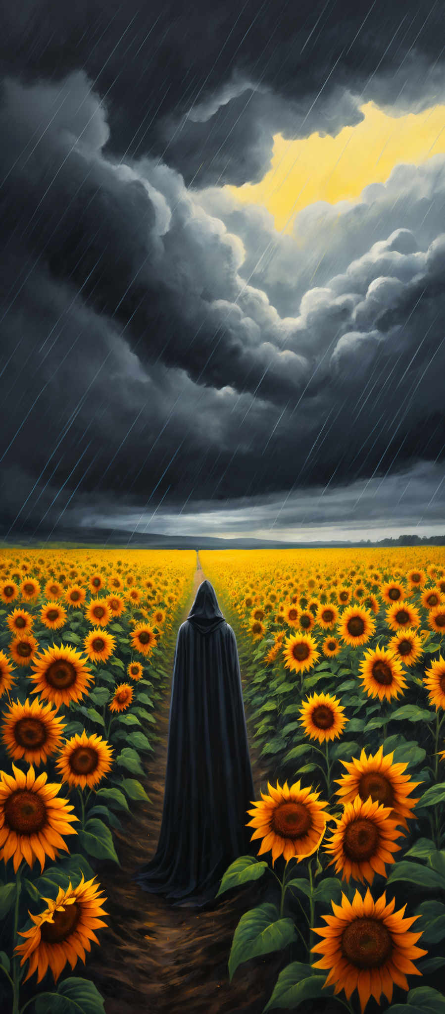 The image showcases a vast field of sunflowers with bright yellow petals and dark green leaves. The sky above is dramatic, filled with dark, heavy clouds that are contrasted by streaks of sunlight breaking through. There's a figure, draped in a dark cloak, standing amidst the sunflower field, facing away from the viewer. The figure's back is towards the viewers, and they appear to be observing the vastness of the sunfield.