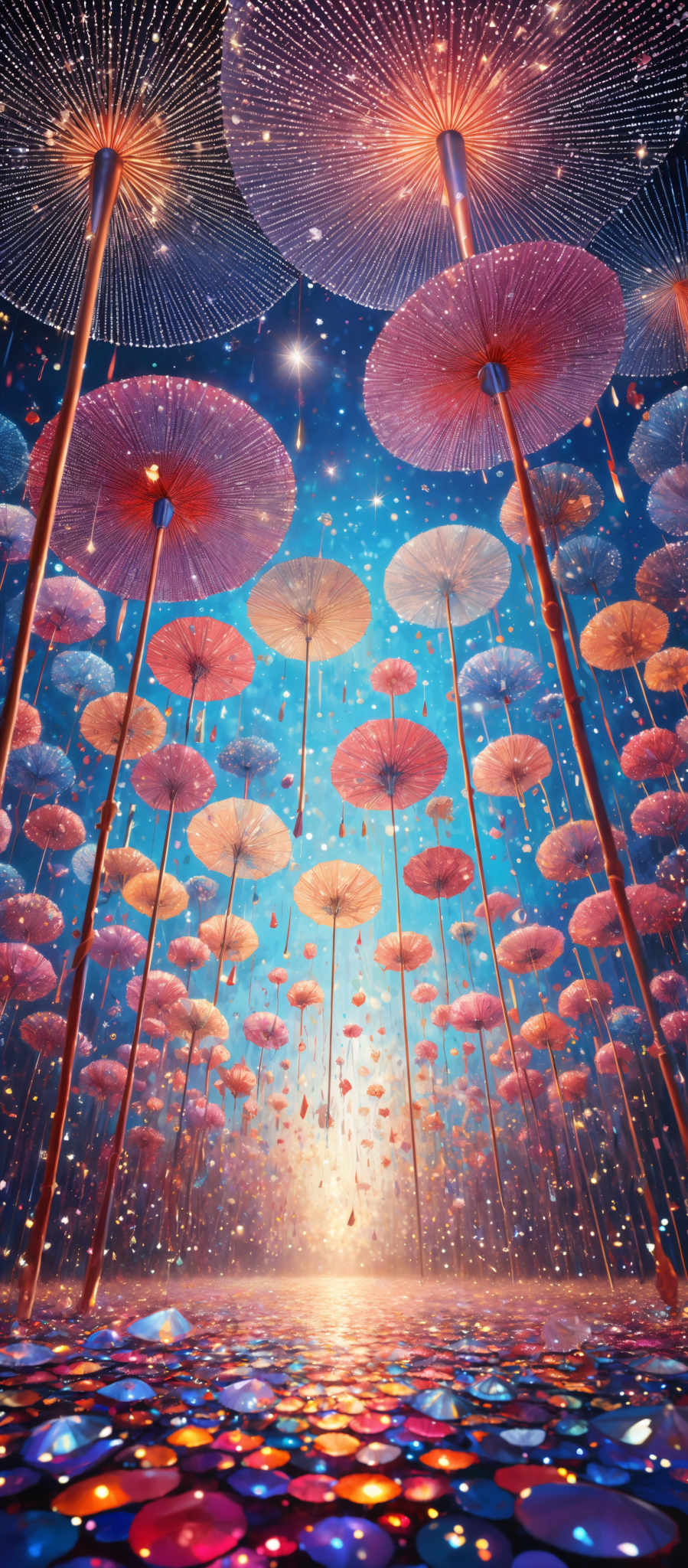 The image showcases a vibrant and mesmerizing scene of large, umbrella-like structures suspended in the air. These structures have a radiant, translucent quality with hues of pink, blue, and orange. They are supported by slender, elongated stems that seem to be anchored in a shimmering, multicolored ground. The ground itself is a tapestry of multicoloured circles, reflecting the light and adding to the overall dreamlike ambiance of the scene.