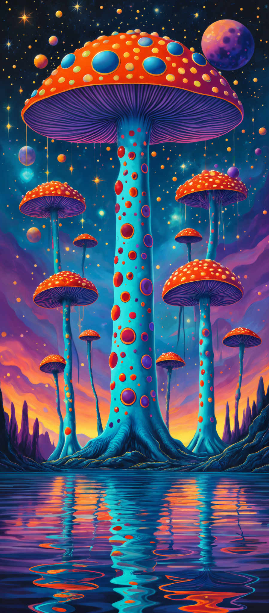 The image showcases a vibrant and surreal landscape dominated by large, tall mushrooms. These mushroom structures have vivid blue stems and caps adorned with numerous circular patterns in various colors, including red, blue, and yellow. The caps are also spotted with small, luminous dots. The background is a mesmerizing blend of deep blues, purples, and pinks, reminiscent of a starry night sky. Floating celestial bodies, possibly planets or moons, are scattered throughout the sky. The entire scene is reflected in a serene body of water below, creating a mirror image.