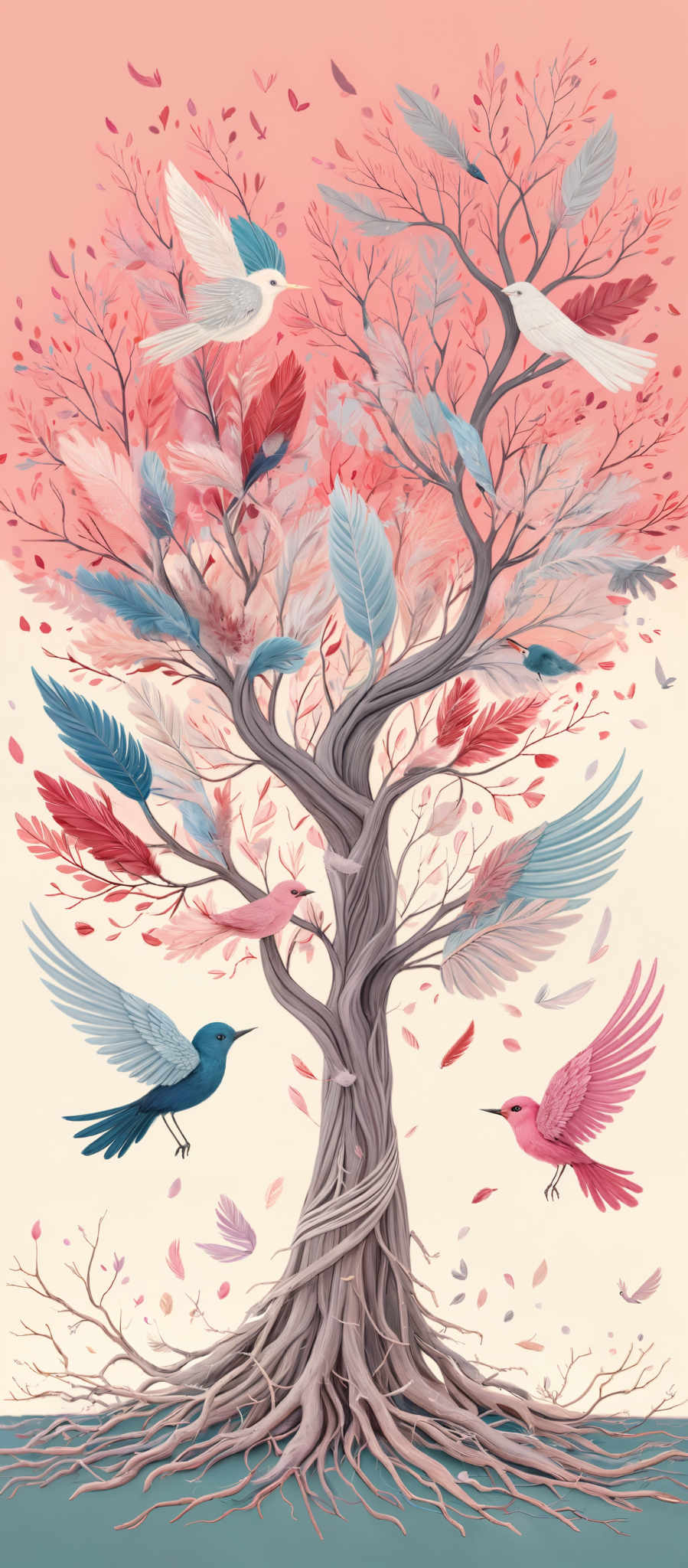 The image showcases a vibrant and colorful tree with twisted branches. The tree is adorned with leaves in various shades of pink, blue, and white. Birds of different colors, including white, blue-gray, and pinkish-red, are seen flying around or perched on the branches. There are also small feathers scattered around the tree, adding to the whimsical atmosphere. The background is a soft peach color, which complements the tree's hues.