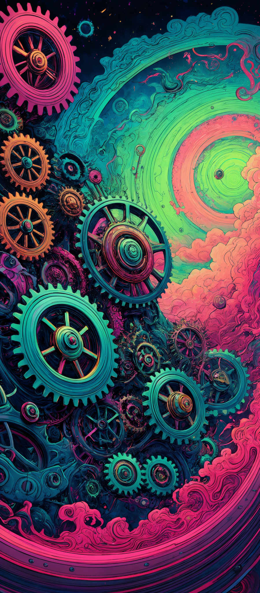 The image showcases a vibrant and colorful depiction of mechanical gears and wheels. The gears are intricately designed with various colors such as blue, pink, and orange. They are set against a backdrop of swirling patterns in shades of green, pine, and purple. The overall artwork gives a dreamy and surreal vibe, blending the concepts of machinery and nature.