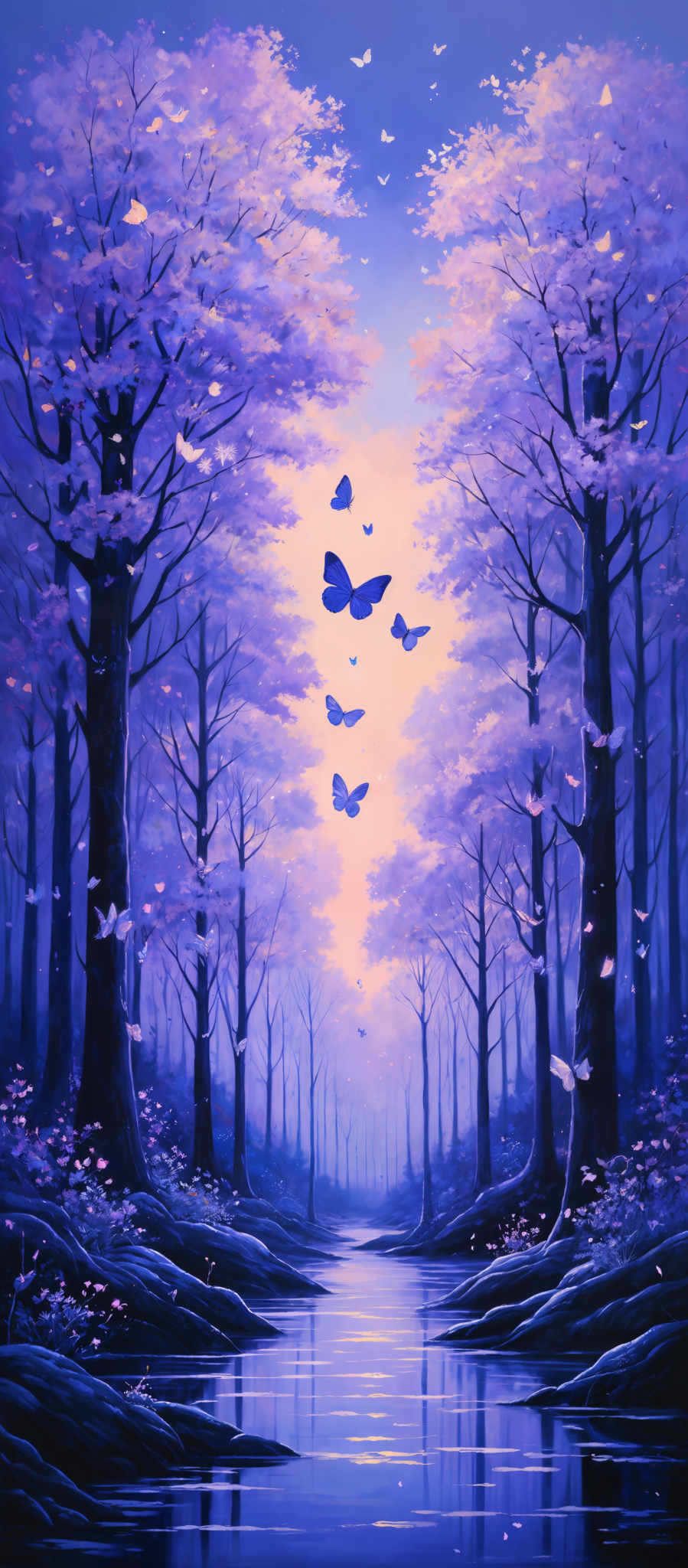 The image showcases a serene and picturesque scene of a forest during what appears to be either dawn or dusk. The dominant colors are shades of blue and purple, creating a tranquil and dreamy atmosphere. The trees, with their tall and slender trunks, are adorned with purple blossoms, giving the forest a magical appearance. Butterflies, in various shades, are seen fluttering around, adding to the enchantment of the scene. A calm river or stream runs through the center, reflecting the trees and the sky. The overall composition evokes feelings of peace, wonder, and the beauty of nature.