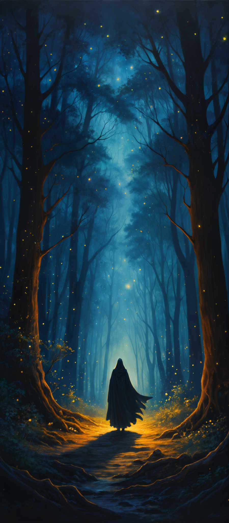 The image showcases a mystical forest with tall, slender trees whose branches stretch upwards, creating a canopy of blue. The ground is covered with fallen leaves and there are glowing yellow orbs scattered throughout, giving the scene an ethereal glow. A lone figure, draped in a cloak, stands in the center of the path, their silhouette contrasting against the bright, golden light emanating from behind them. The overall color palette is dominated by shades of blue, gold, and brown, creating an atmosphere of wonder and enchantment.