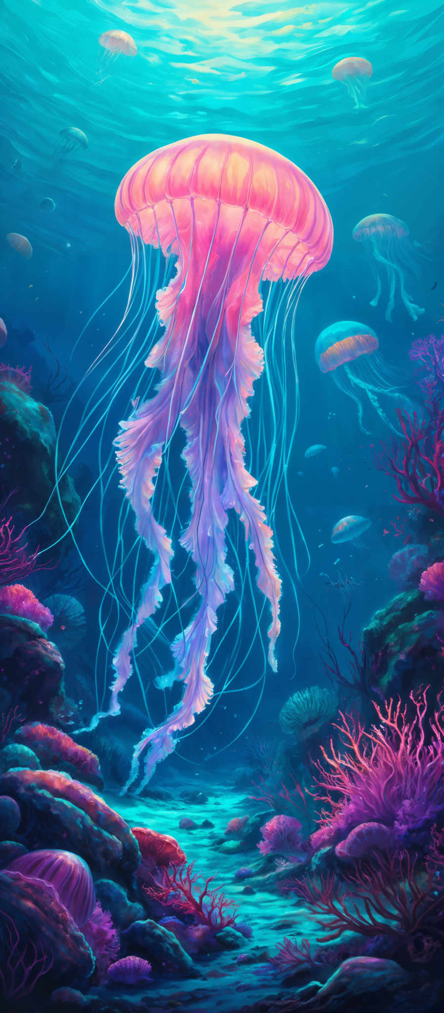 The image showcases a vibrant underwater scene. Dominating the center is a large, translucent jellyfish with a radiant pink hue, delicate tentacles, and an umbrella-like canopy. Surrounding the jelly fish are smaller fish, some of which are swimming near the coral formations. The corals are diverse, with some resembling branching trees and others taking on more rounded shapes. The water is a deep blue, and there are light rays filtering from the top, creating a shimmering effect on the seabed.